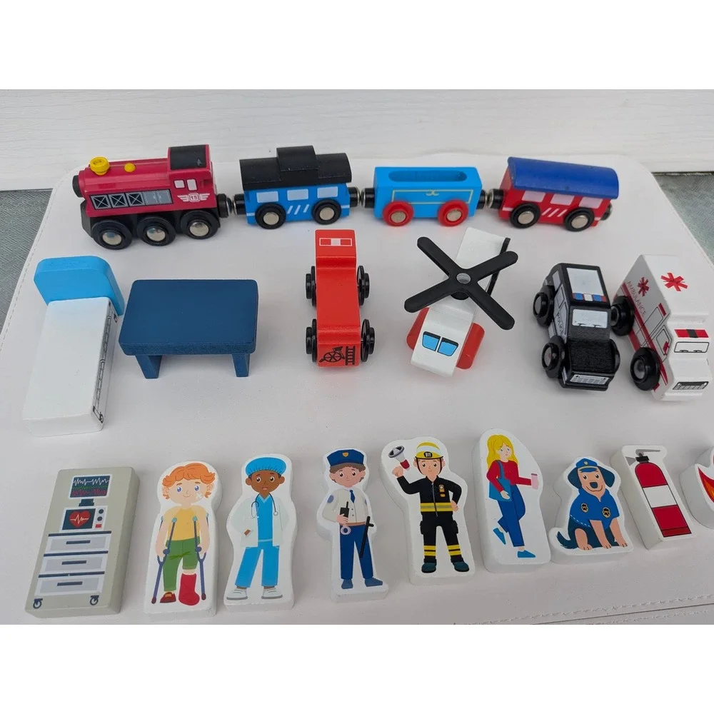 Wooden Magnetic Train and Emergency Vehicle Toy Set Police Fire Ambulance 19pc